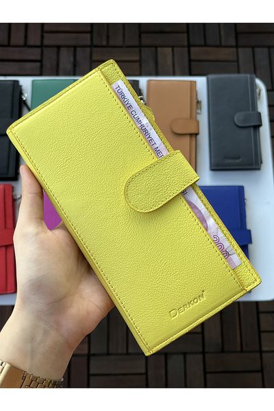 DERKON Noby Model Genuine Leather Yellow Wallet with Phone Compartment