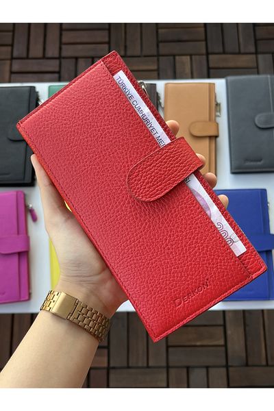 DERKON Noby Model Genuine Leather Red Wallet with Phone Compartment