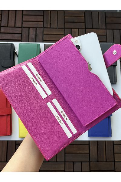 DERKON Noby Model Genuine Leather Pink Wallet with Phone Compartment