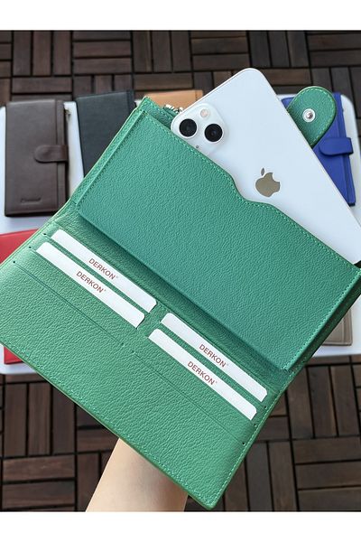 DERKON Noby Model Genuine Leather Green Wallet with Phone Compartment