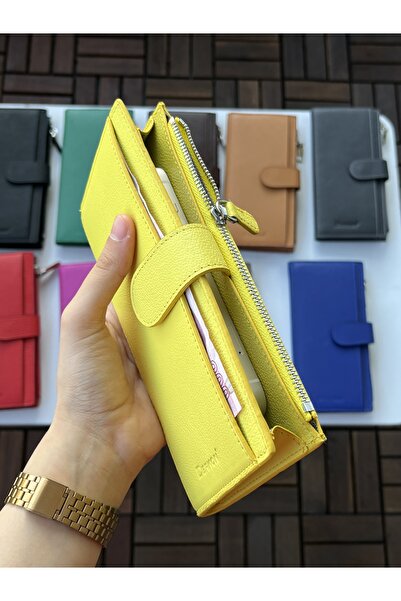 DERKON Noby Model Genuine Leather Yellow Wallet with Phone Compartment