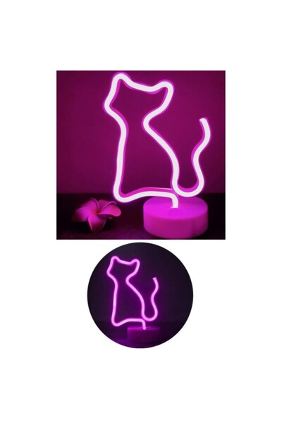 Hediye Rüzgarı PEMBE KEDİ MODEL NEON LED IŞIKLI MASA LAMBASI DEKORATİF AYDINL...