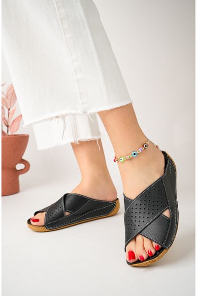 Akgün Terlik Women's Genuine Leather Black Orthopedic Sole Slippers