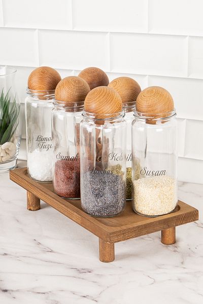 DNS HOME 6-Piece Glass Spice Rack with Wooden Ball Lid and Labeled Jar Set with Wooden Stand Storage Container 500 ml