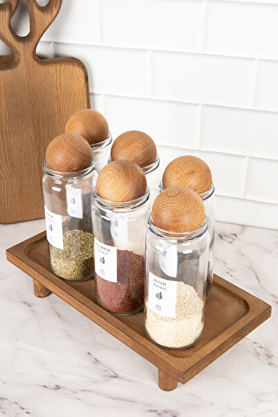 DNS HOME 6-Piece Glass Spice Rack Set with Wooden Ball Lid Storage Container with Wooden Stand Spice Rack with Label 500 ml