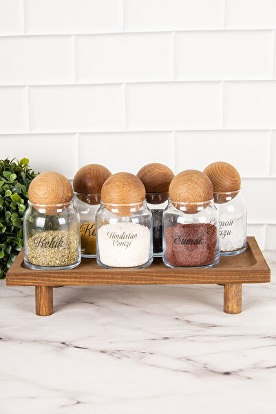 DNS HOME 6-Piece Glass Spice Rack Set with Wooden Ball Lid and Labeled Jar Set with Wooden Stand Storage Container 300ml
