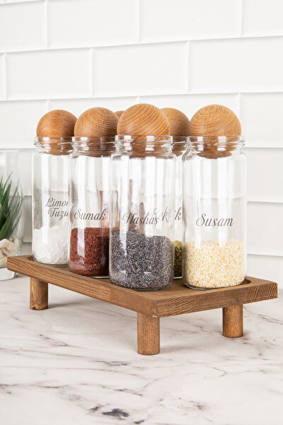 DNS HOME 6-Piece Glass Spice Rack with Wooden Ball Lid and Labeled Jar Set with Wooden Stand Storage Container 500 ml