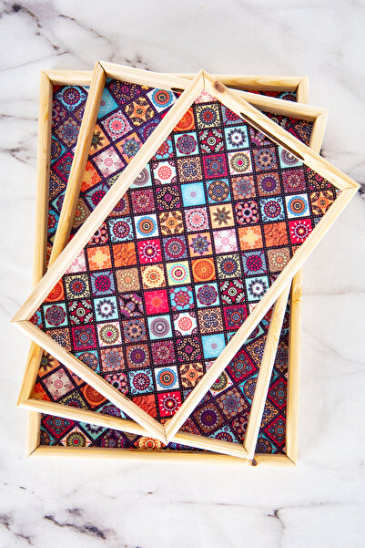 dnshome مجموعة من 3 صواني تقديم منقوشة بالبلاط الخشبي مع مقابض