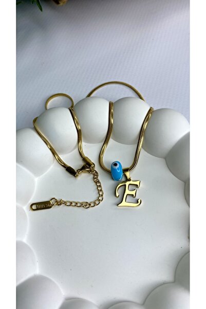 JustGAF Altın / Gold Renk İtalyan Zincir Mavi Boncuk 40 Cm E Harfli Çelik Kolye