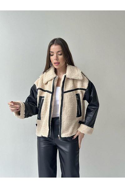 SEDA FİDAN Plush Coat with Leather Garnish Sleeves Beige