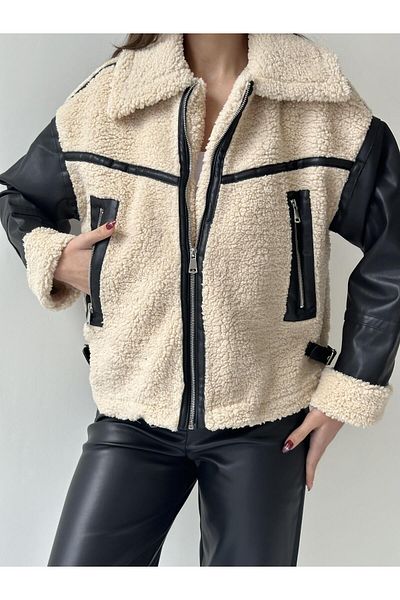SEDA FİDAN Plush Coat with Leather Garnish Sleeves Beige