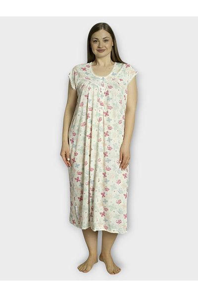 MN GİYİM Women's Cotton Short Sleeve Floral Comfortable Nightgown
