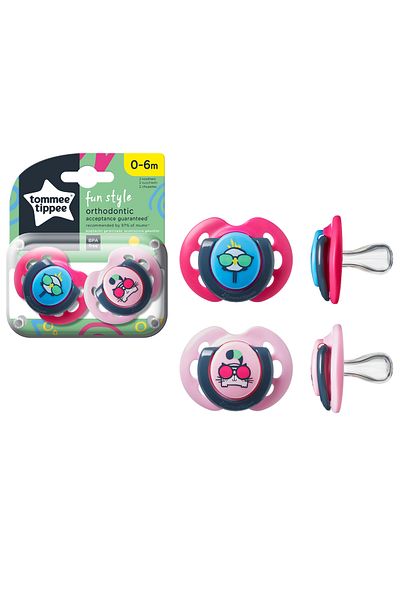 tommee tippee Fun Style 2-Piece Orthodontic Silicone Pacifier 0-6 Months Pink