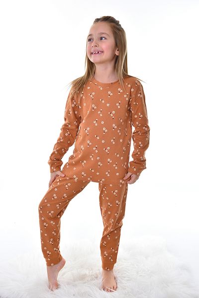 ZUZUNGA Daisy Patterned Ribbed Interlock Fabric 100% Cotton Girl's Pajama Set