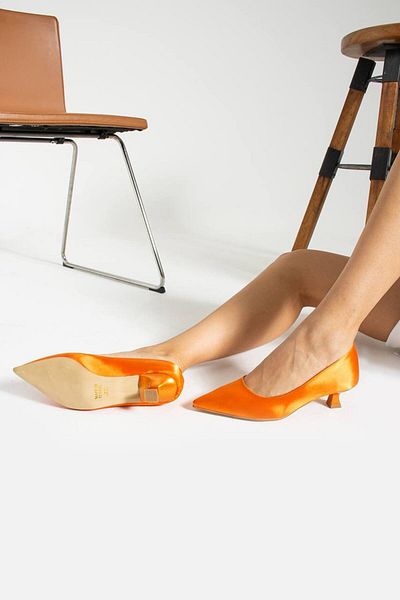 Lady pantofi clasici cu toc de damă din satin portocaliu