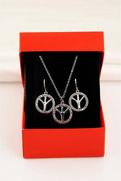 EUROMODA Silver Colored Necklace Earring Set with Peace Symbol Design