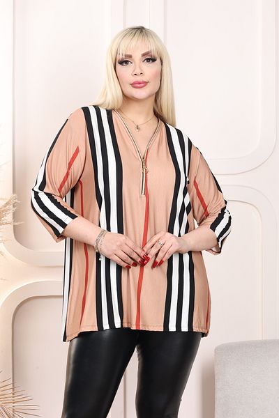 HÜLYA BUTİK COFFEE STRIPE DETAILED ZIPPERED BLUZ