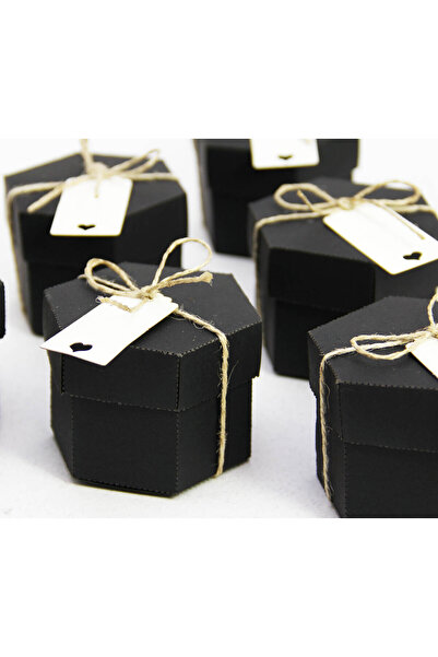 Tasarım Şeker Altıgen Kapaklı Şeker Kutusu - Siyah Karton - 50 Adet