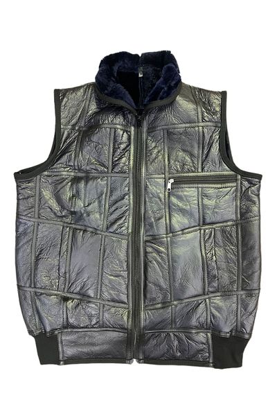 Lndr Patchwork Inside Fur-Outside Suede Genuine Leather Collared Vest with Piping and Knitwear Detail
