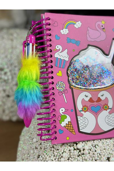 QUEEN AKSESUAR Imported movable sequined feathered colored paint pen flamingo ice cream patterned a5 notebook memory journal