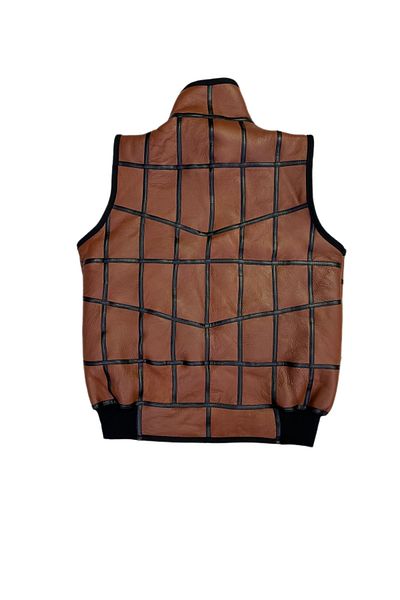 Lndr Patchwork Inside Fur-Outside Suede Genuine Leather Collared Vest with Piping and Knitwear Detail
