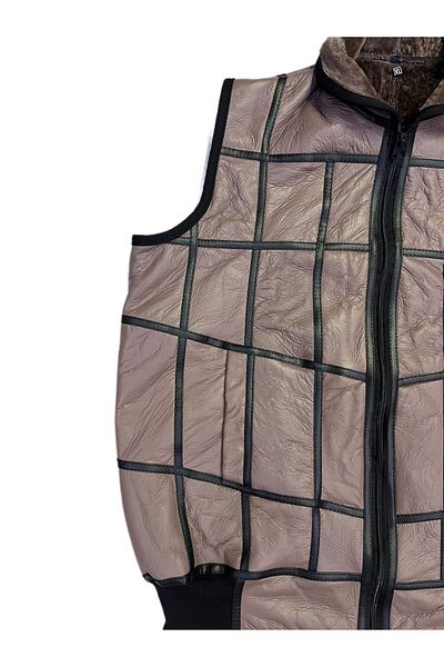 Lndr Patchwork Inside Fur-Outside Suede Genuine Leather Collared Vest with Piping and Knitwear Detail