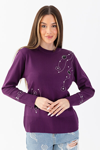 EtkiModa Kadın Mor Taş Pul İşlemeli Triko Bluz