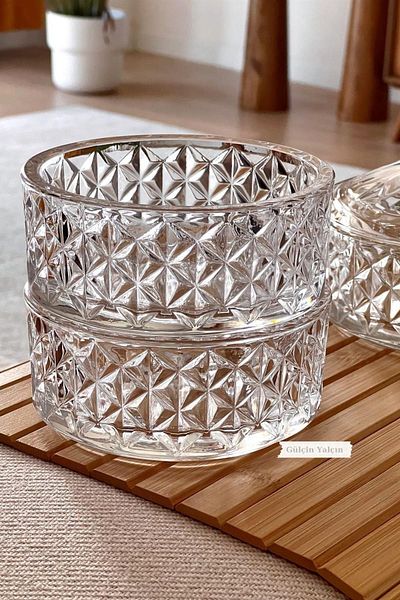 Gülçin Yalçın Luxury Glass 3 Layer Cut Dragee Sugar Bowl Cookie Bowl
