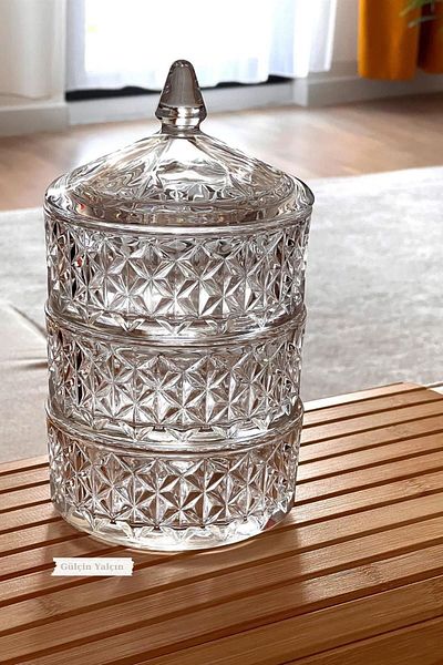 Gülçin Yalçın Luxury Glass 3 Layer Cut Dragee Sugar Bowl Cookie Bowl