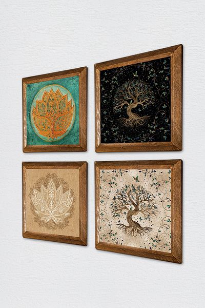 Pinecone Lotus Flower, Tree of Life Stone Wall Painting Wood Framed Wall Decor 4 Piece Painting Set W4-668