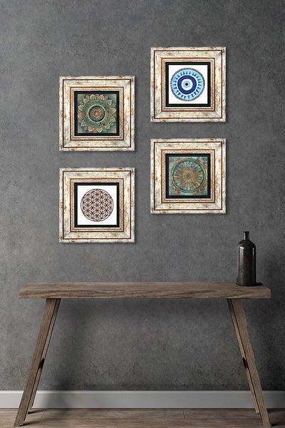 Pinecone Evil Eye, Mandala, Flower of Life Stone Wall Painting Framed Wall Decor 4 Piece Painting Set Tk4-1002
