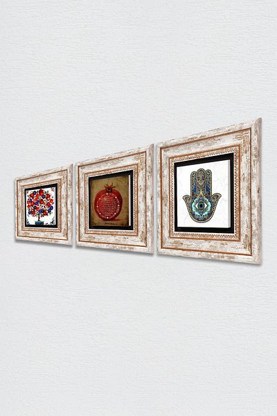 Pinecone Rugăciunea de abundență, Pomul de rodie, Mâna Maicii Fatma (HAMSA) Pictură pe perete din piatră Decor de perete înrămat Pictură din 3 piese