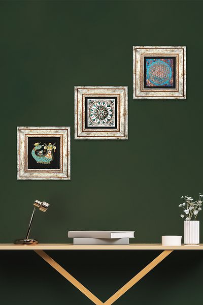 Pinecone Floarea vieții, Artă din țiglă, Pictură pe perete din piatră Shahmeran Decor de perete înrămat Set de picturi din 3 piese