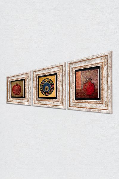 Pinecone Evil Eye Bead, Pomegranate, Prayer of Fertility Stone Wall Painting Framed Wall Decor Set of 3 Painting Wall Art