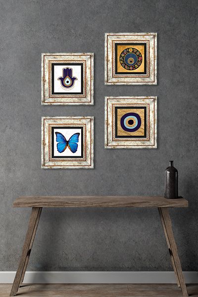 Pinecone Fatma Mother Hand (Hamsa), Butterfly, Evil Eye Stone Wall Painting Framed Wall Decor 4 Piece Set Tk4-1839