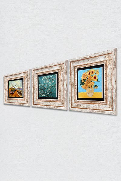 Pinecone Van Gogh Pictură pe perete cu piatră Decorație de perete înrămată Set de pictură din 3 piese Wall Art Tk3-93