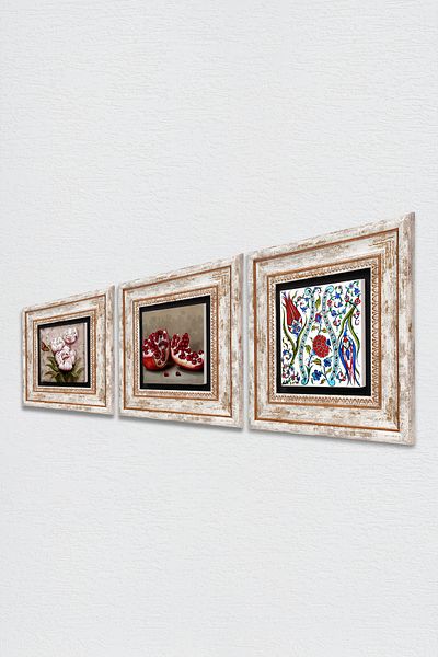 Pinecone Tile Art Tulip, Butterfly Flower, Pomegranate Stone Wall Painting Framed Wall Decor 3 Piece Set Tk3-1245