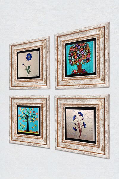 Pinecone Ebru Art, Arborele Vieții Pictură pe perete de piatră Decor de perete înrămat Set de pictură 4 piese Tk4-127