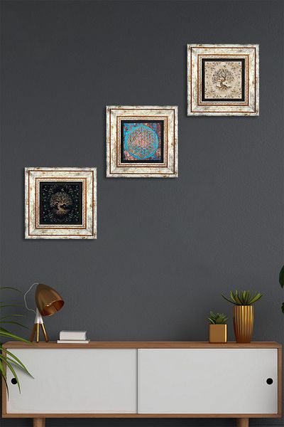 Pinecone Floarea vieții, Arborele vieții Pictură pe perete de piatră Decorație de perete înrămată Set de pictură 3 piese Tk3-110