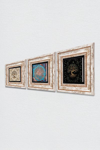 Pinecone Floarea vieții, Arborele vieții Pictură pe perete de piatră Decorație de perete înrămată Set de pictură 3 piese Tk3-110