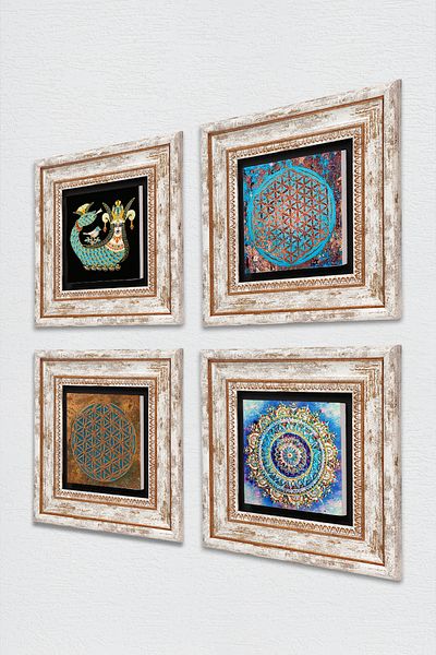 Pinecone Mandala, Floarea Vieții, Pictură pe perete din piatră Shahmeran Decor de perete înrămat Set de pictură 4 piese Tk4-487