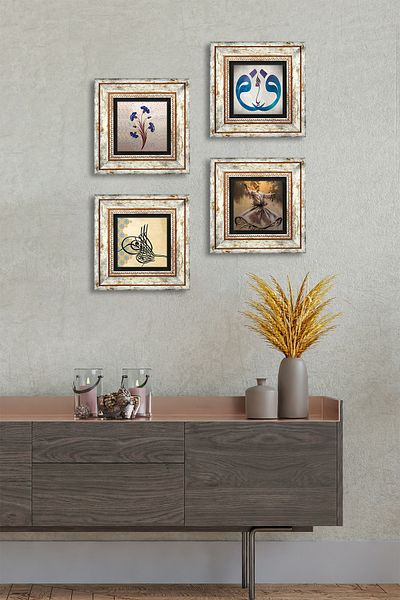 Pinecone Semazen, Ebru Art, Vav, Ottoman Tughra Pictură pe perete din piatră Decor de perete înrămat Set de 4 Artă de perete
