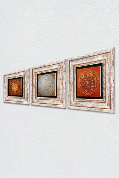 Pinecone Sri Yantra Πέτρινη Ζωγραφική Τοίχων Διακόσμηση Τοίχου με Κορνίζα 3 τεμαχίων Σετ Ζωγραφικής Wall Art Tk3-39