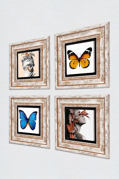 Pinecone Butterfly, Spring Dream Series Stone Wall Painting Framed Wall Decor 4 Piece Painting Set Tk4-135
