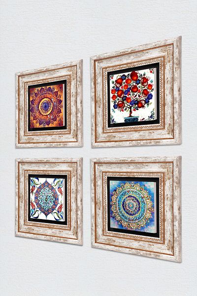 Pinecone Mandala, Artă din plăci, Pictură pe perete din piatră de pom de rodie Decor de perete înrămat Set de pictură din 4 piese Artă de perete