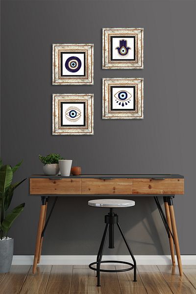 Pinecone Fatma Mother Hand (Hamsa), Nazar Stone Wall Painting Framed Wall Decor 4 Piece Painting Set Tk4-1061
