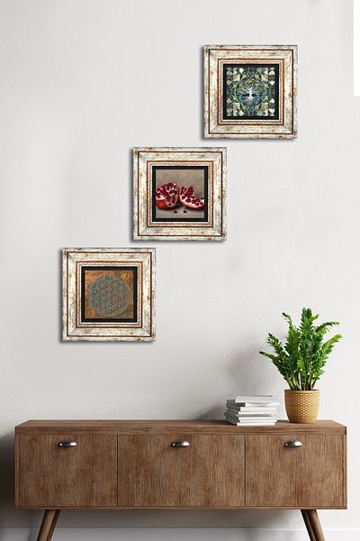 Pinecone Flower of Life, Tree of Life, Pomegranate Stone Wall Painting Framed Wall Decor 3 Piece Painting Set Tk3-1699