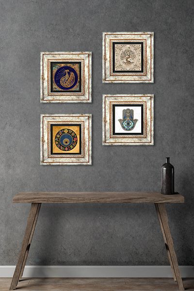 Pinecone Peacock, Evil Eye, Tree of Life, Fatma Mother Hand (Hamsa) Stone Wall Painting Framed Wall Decor