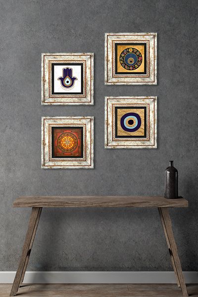 Pinecone Fatma Mother Hand (Hamsa), Sri Yantra, Nazar Stone Wall Painting Framed Wall Decor Set of 4 Tk4-1821
