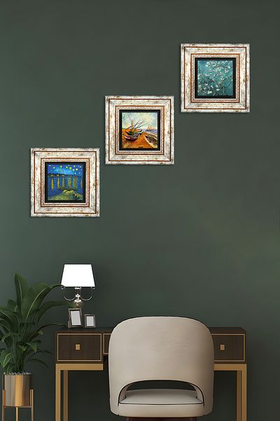 Pinecone Van Gogh Stone Wall Painting Framed Wall Decor 3 Piece Painting Set Wall Art Tk3-507